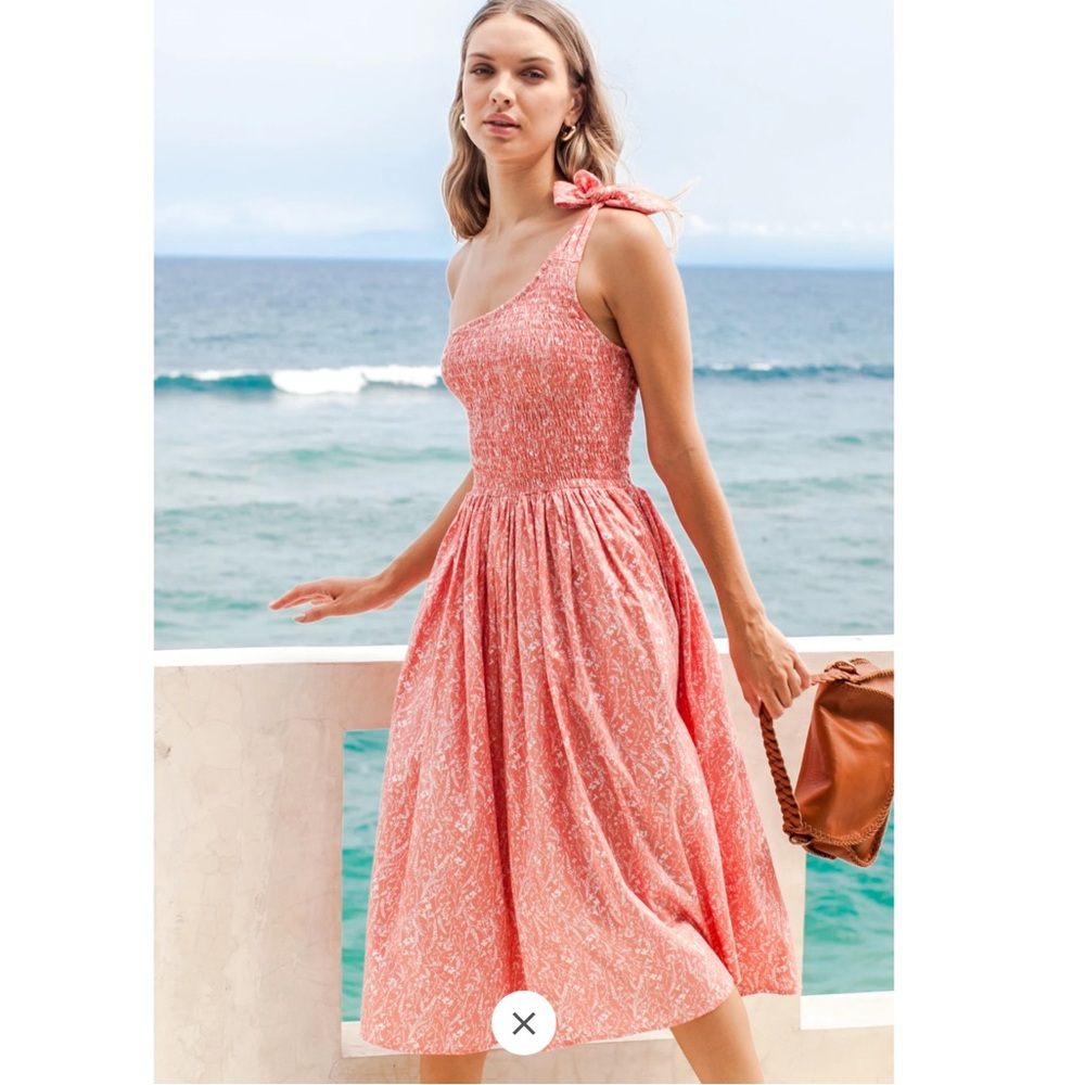 Bali Elf Sienna One-Shoulder Smocked Dress Coral Pink Floral Midi Cotton Large